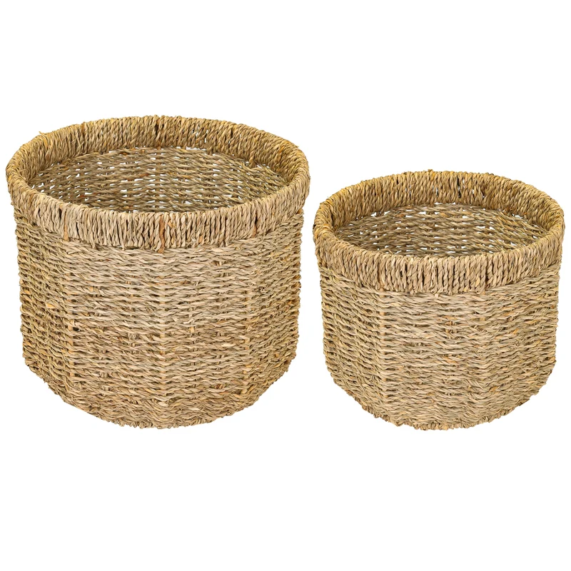 Aufbewahrungskorb geflochten aus Seegras, runder Korb zur Aufbewahrung für Badezimmer, Kinderzimmer und Wohnbereich, 2er Set, HMF 37089-25CM+30CM, Durchmesser 25 + 30 cm, Naturfarben