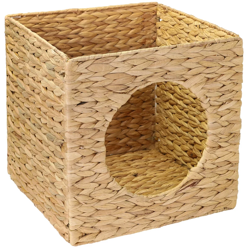 Katzenhöhle passend für KALLAX-Regal, Katzenhaus indoor geflochten aus Wasserhyazinthe, HMF 37247, 32,5 x 32,5 x 33 cm, Naturfarben