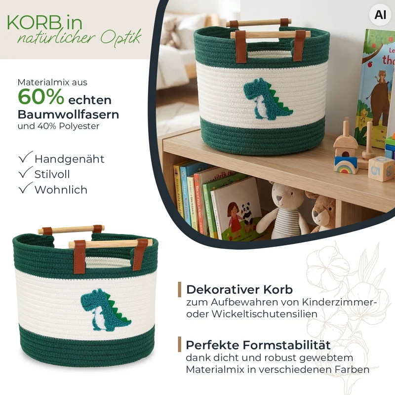 Aufbewahrungskorb mit Holzgriffen, runder Korb aus Baumwolle für Kinderzimmer oder Babyzimmer, HMF 39023, 30 x 30 x 24 cm