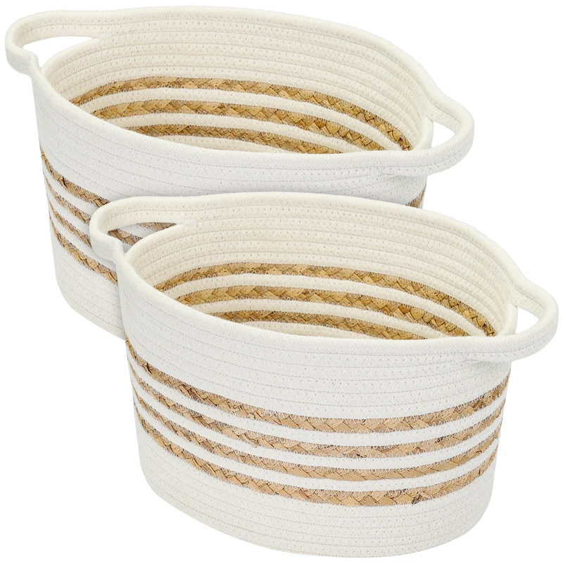 Aufbewahrungskorb mit verlängerten Griffen, ovaler Korb aus Materialmix für Badezimmer, Esszimmer und Wohnbereich, 2er Set, HMF 39080-01, 30 x 22 x 19 cm, Weiß