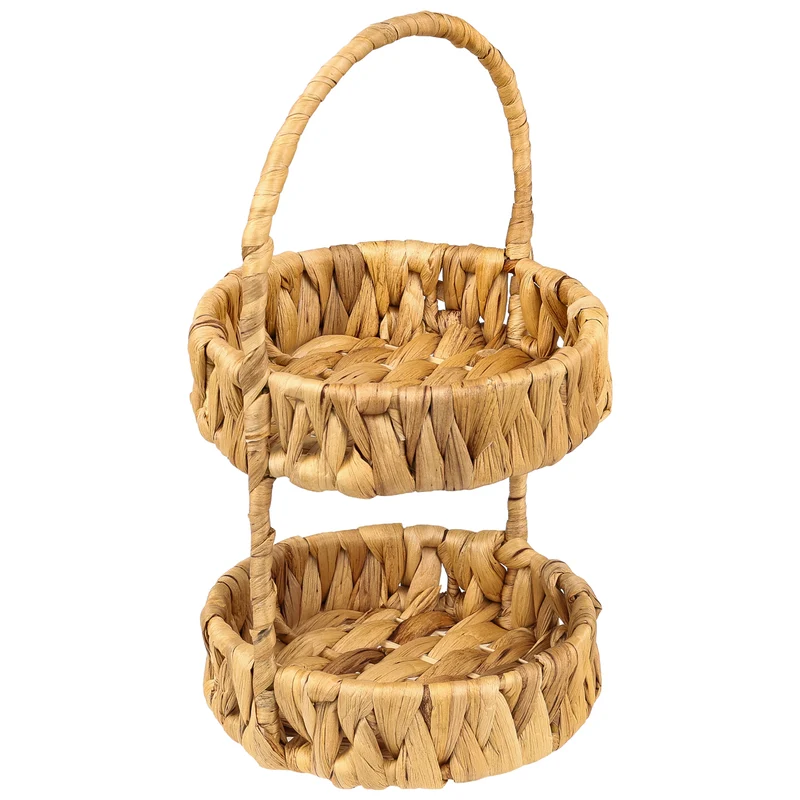 Etagere mit 2 Etagen geflochten aus Wasserhyazinthe, runde Aufbewahrungskörbe mit Henkel, Dekotablett für Küche, Badezimmer und Wohnbereich, HMF 37266, 30 x 17 x 17 cm, Natur