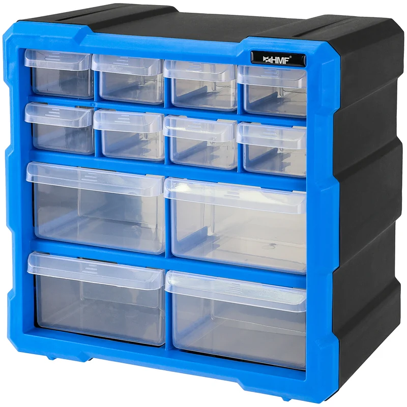 Sortierbox für Kleinteile mit 12 Schubladen, Sortimentskasten für Schrauben und Werkzeug, 24 Fächer, HMF STK100-07-05, 26,5 x 26,5 x 16 cm, Blau-Schwarz