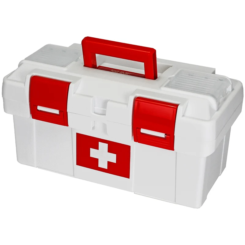 Erste Hilfe Kasten zur Medikamenten Aufbewahrung, Medizinbox leer für Sportverein, Betrieb oder Zuhause, HMF MZK100-37CM-01, 37 x 19,5 x 18,5 cm, Weiß-Rot