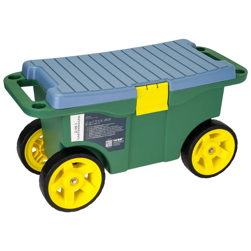 HMF 2-in-1 Gartenwagen mit Sitz und Stauraum, Gartenhocker mit großen Rollen, Rollsitz für Gartenarbeit bis 100 kg, GWS-55CM-06, 55 x 26,5 x 29,5 cm, Grün