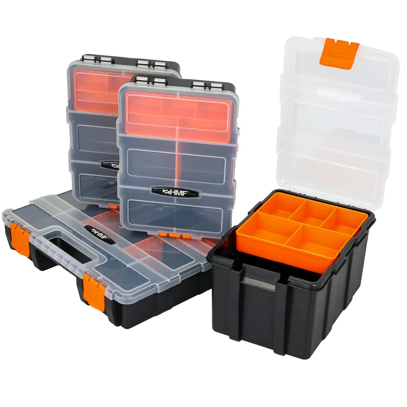 Sortierbox 4-teilig leer, Sortimentskasten für Werkzeug und Kleinteile, HMF STK301-18, 49 Fächer, transparenter Deckel, Schwarz-Orange
